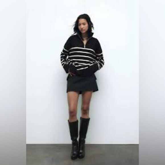 NWT Zara Black Striped Sweater Quarter Zip Blogger Favorite Small - Picture 2 of 13